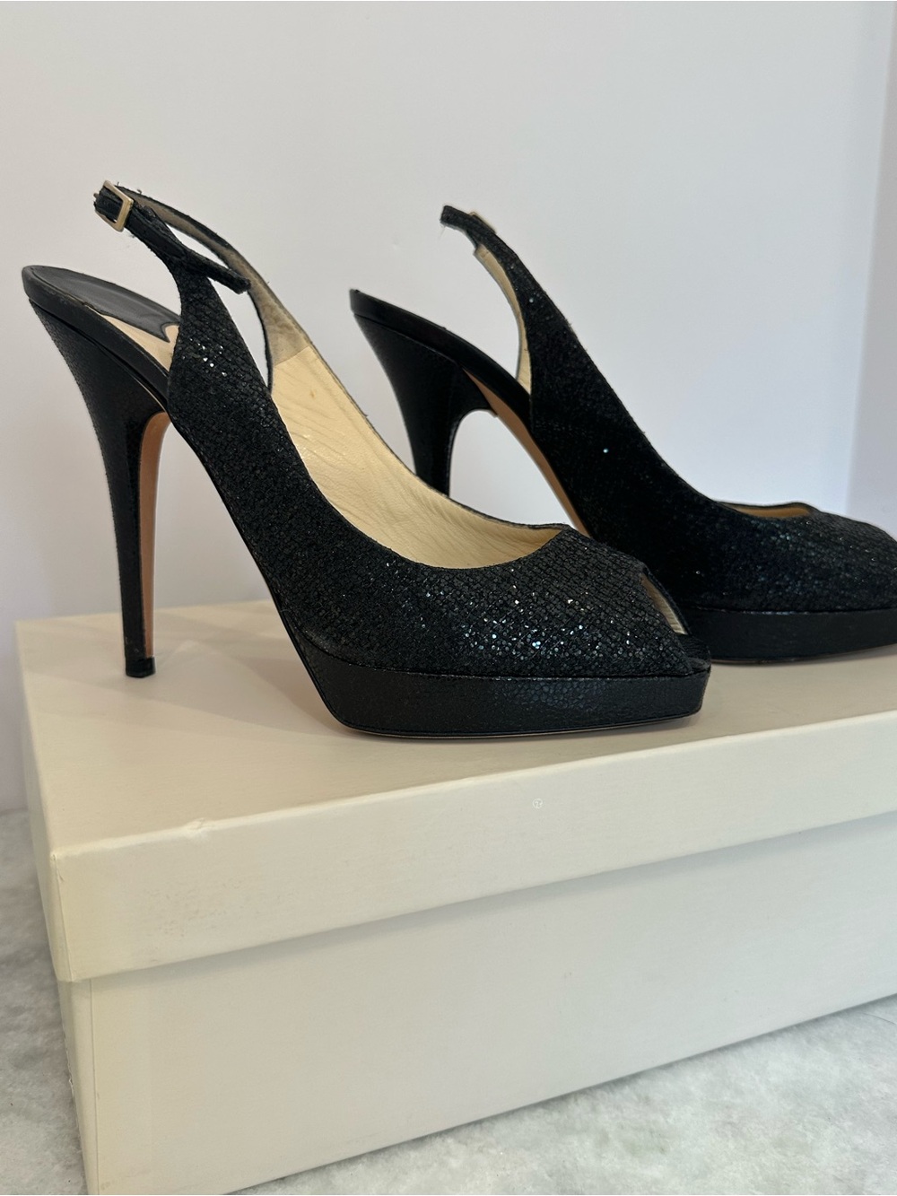 Jimmy Choo Black Peep-Toe Slingback Heels with Textured Upper